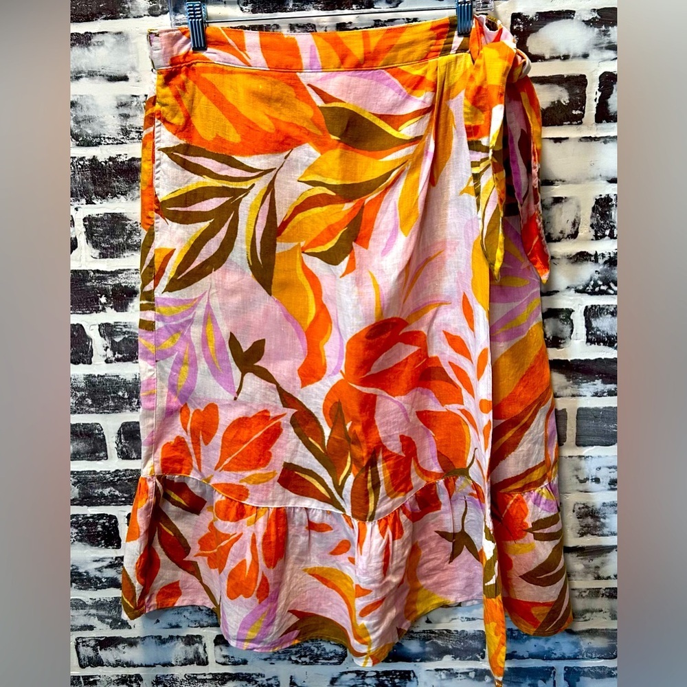 C&C California 100% Linen Tropical Print Faux Wrap Ruffle Midi Skirt Pockets L